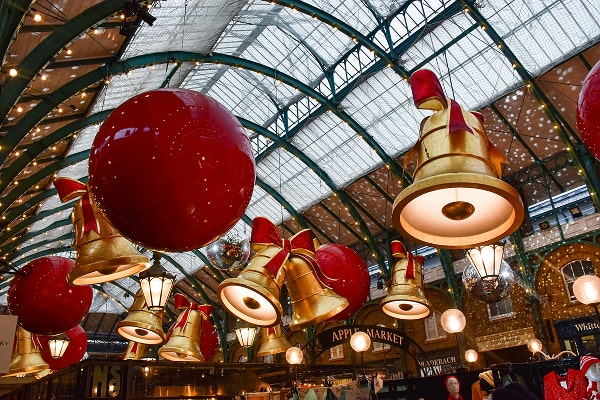 Festive Christmas decor at Covent Garden Market.