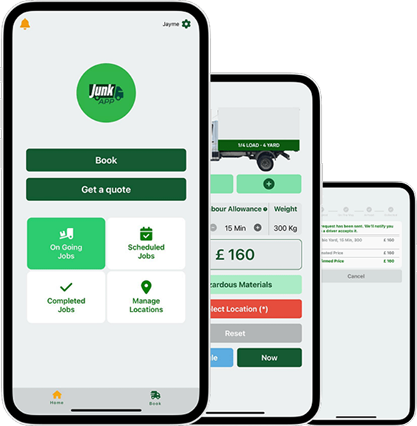 JunkApp mobile app showing different steps of the booking process, highlighting the ease of booking.